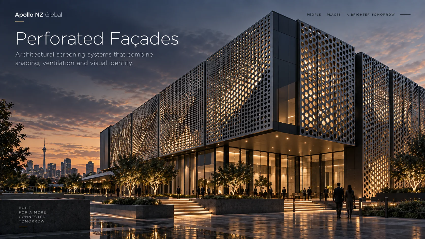 Perforated architectural façade panels with controlled open-area pattern