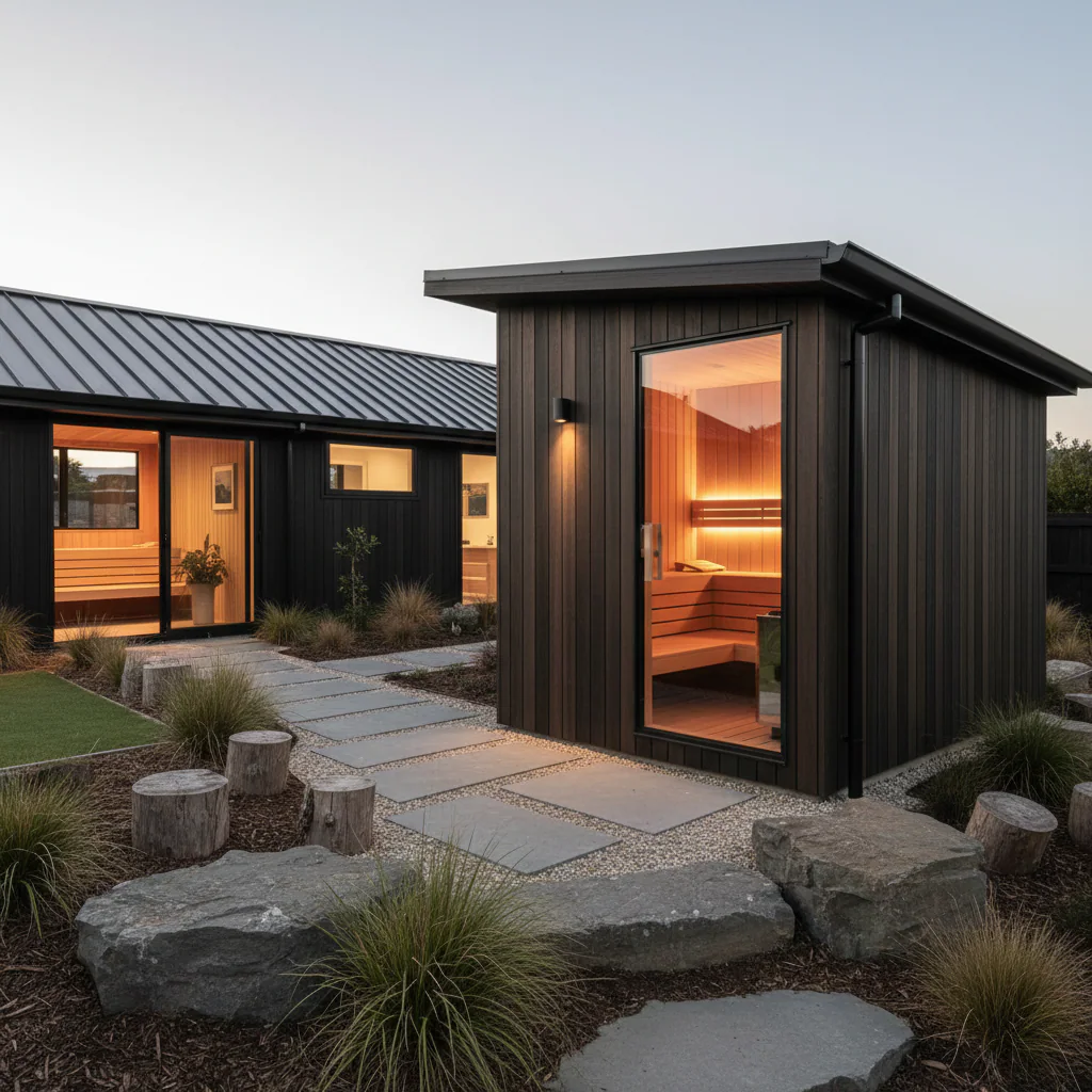 Freestanding outdoor sauna with timber cladding and glazed entry