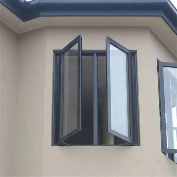 Black aluminium outward-opening casement window from a hurricane impact window product range