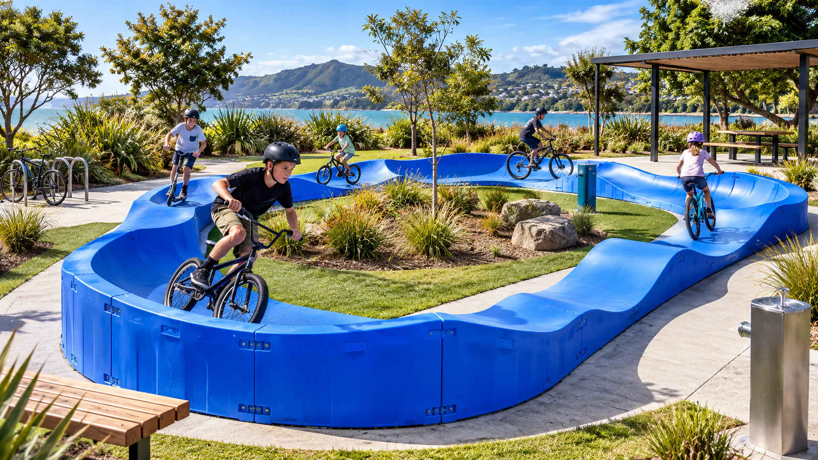 RIDEspan modular pump track in a landscaped community park with riders following one-way flow