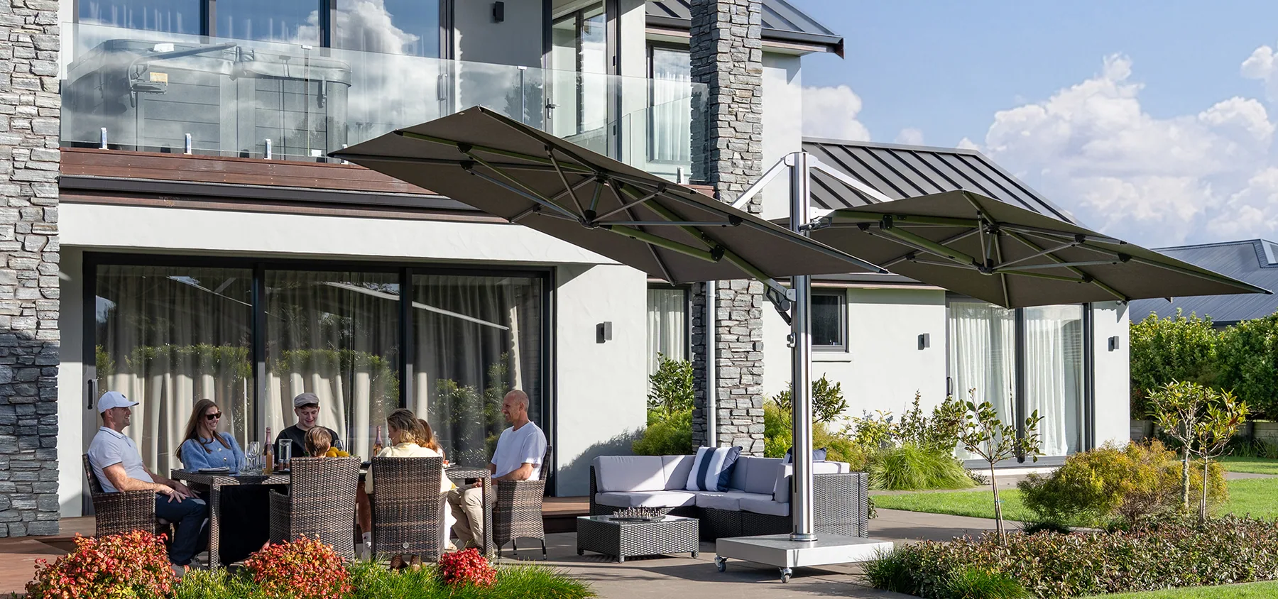 Shadowspec HARMONY dual-canopy tilting cantilever umbrella