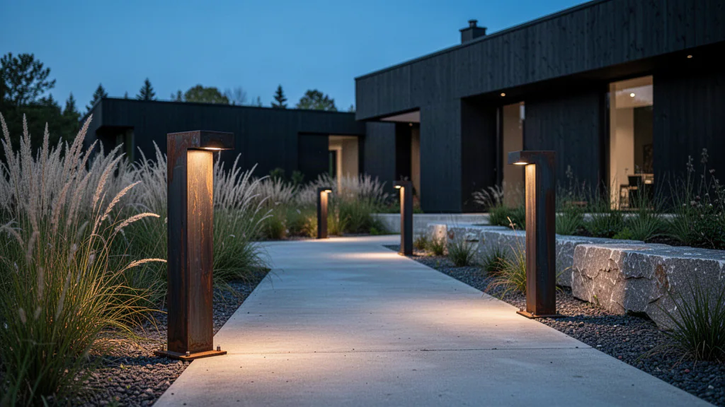 Architectural landscape lighting used along an outdoor path